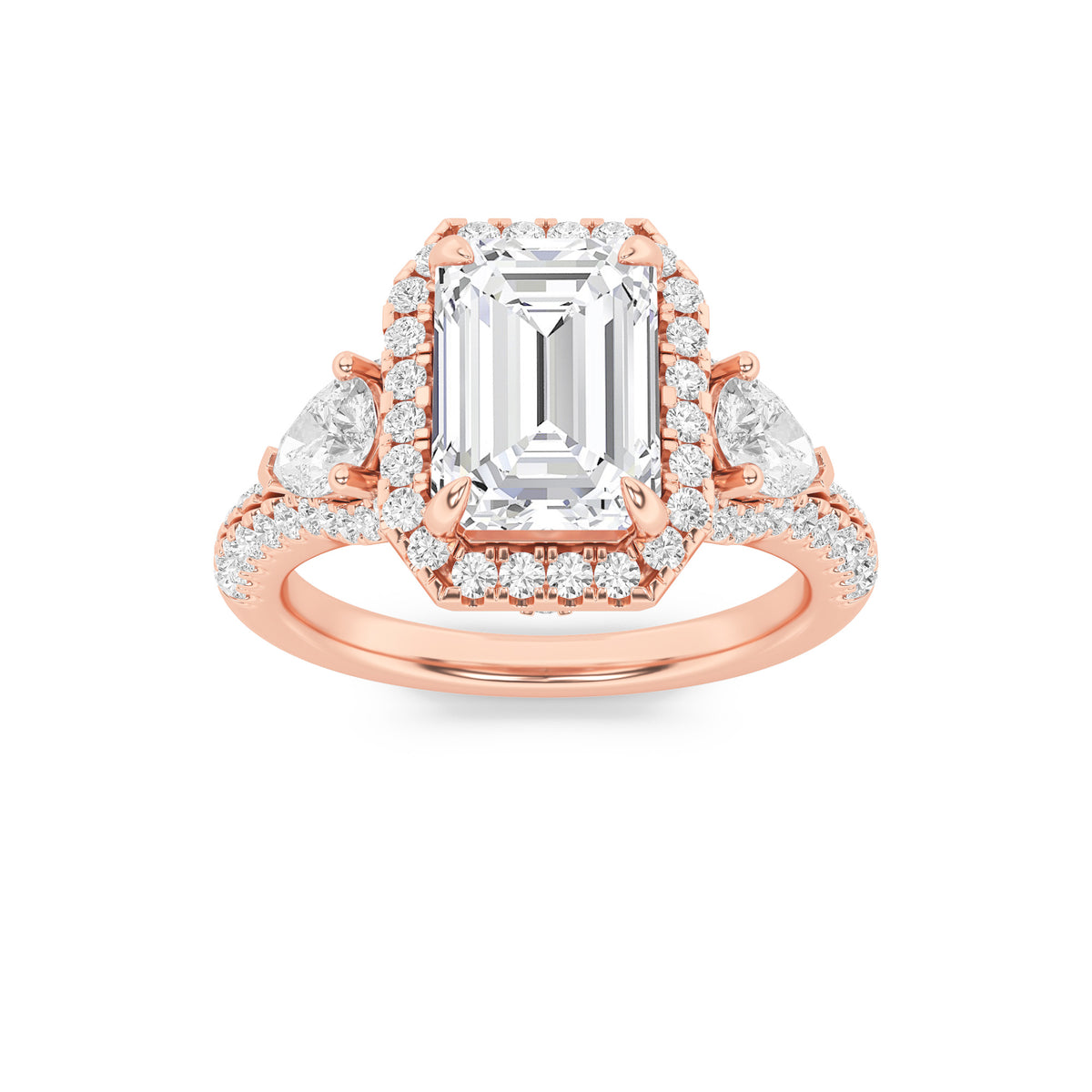 3Cttw Emerald Shaped Lab Grown Diamond (F/VS) Three Stone Bold Accented Engagement Ring in 14K Gold