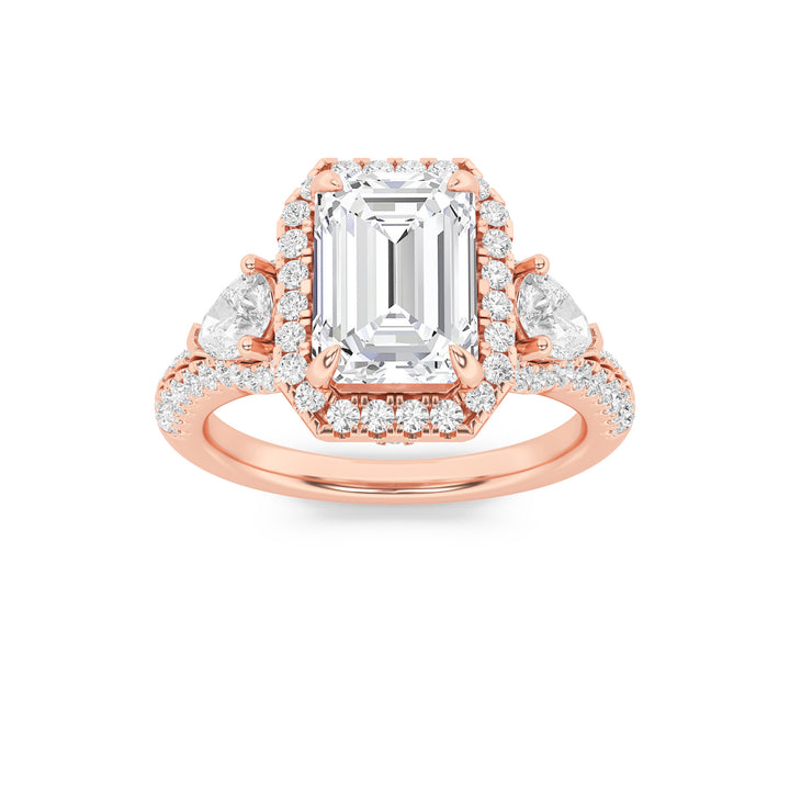 3Cttw Emerald Shaped Lab Grown Diamond (F/VS) Three Stone Bold Accented Engagement Ring in 14K Gold