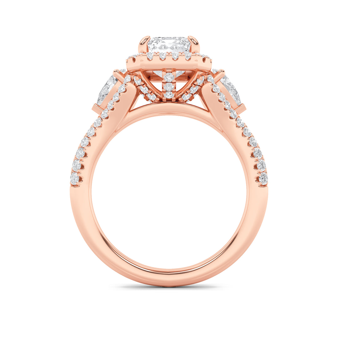 3Cttw Emerald Shaped Lab Grown Diamond (F/VS) Three Stone Bold Accented Engagement Ring in 14K Gold