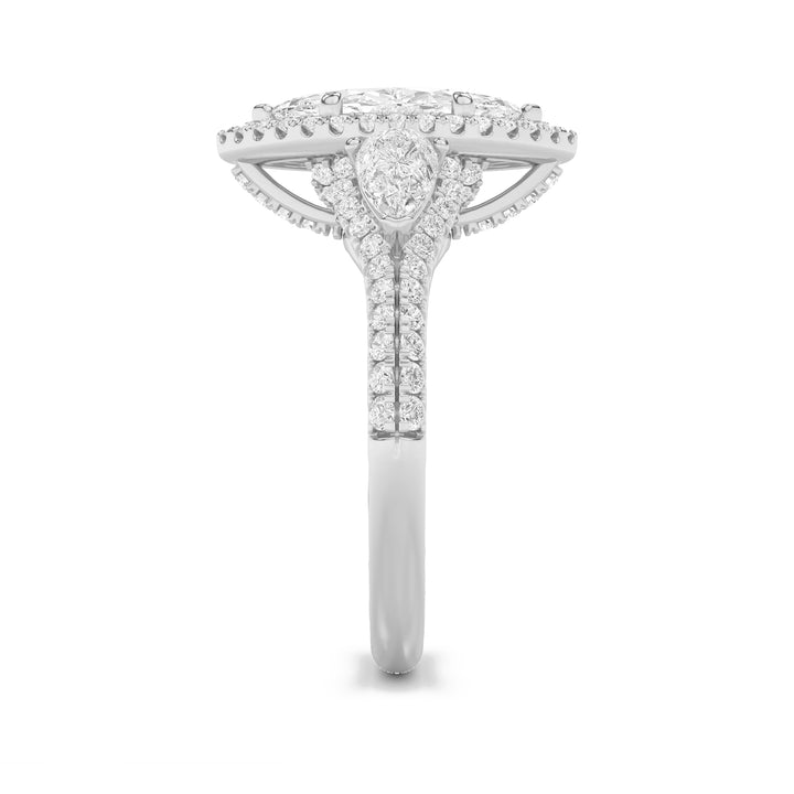3Cttw Marquise Shaped Lab Grown Diamond (F/VS) Three Stone Bold Accented Engagement Ring in 14K Gold