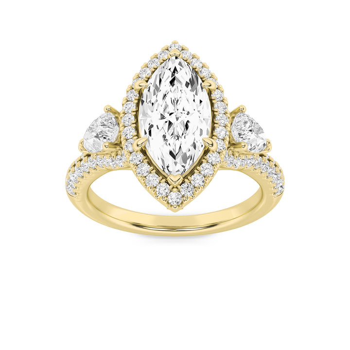 3Cttw Marquise Shaped Lab Grown Diamond (G/VS) Three Stone Bold Accented Engagement Ring in 14K Gold