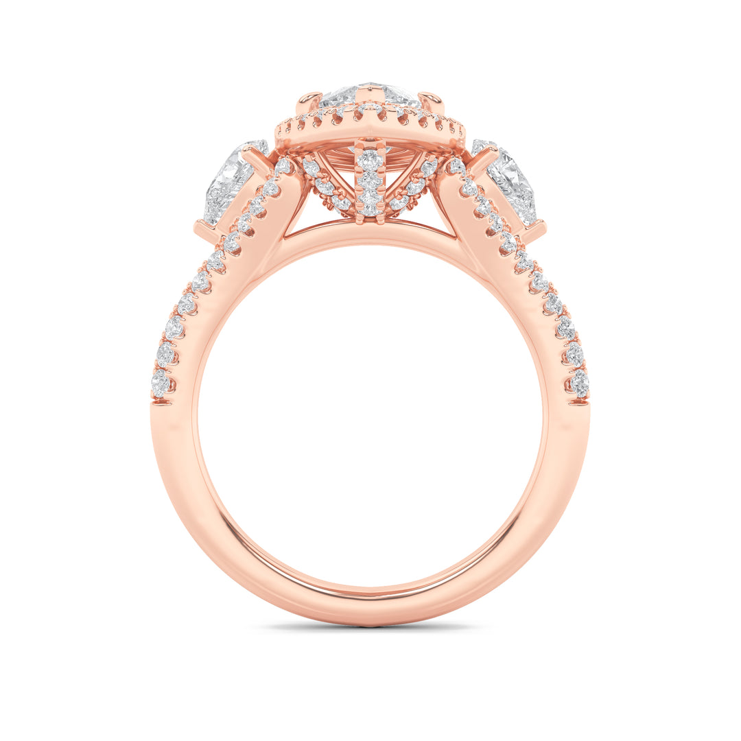 3Cttw Marquise Shaped Lab Grown Diamond (F/VS) Three Stone Bold Accented Engagement Ring in 14K Gold