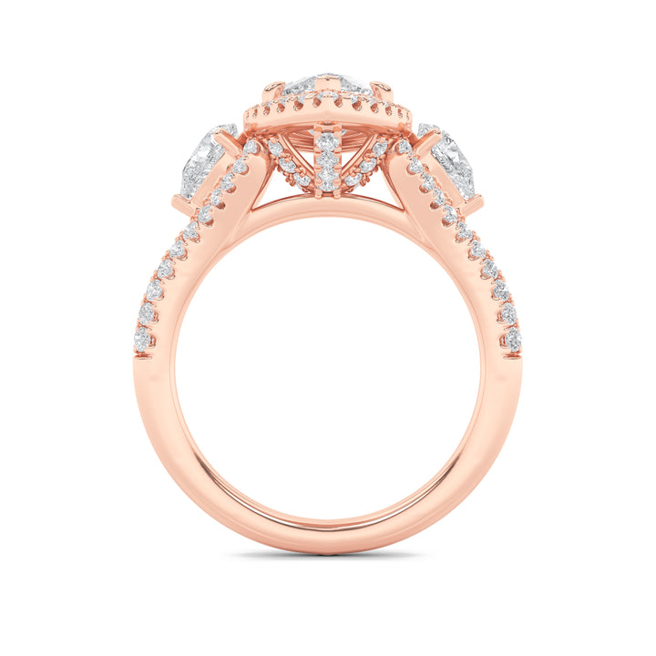 3Cttw Marquise Shaped Lab Grown Diamond (F/VS) Three Stone Bold Accented Engagement Ring in 14K Gold
