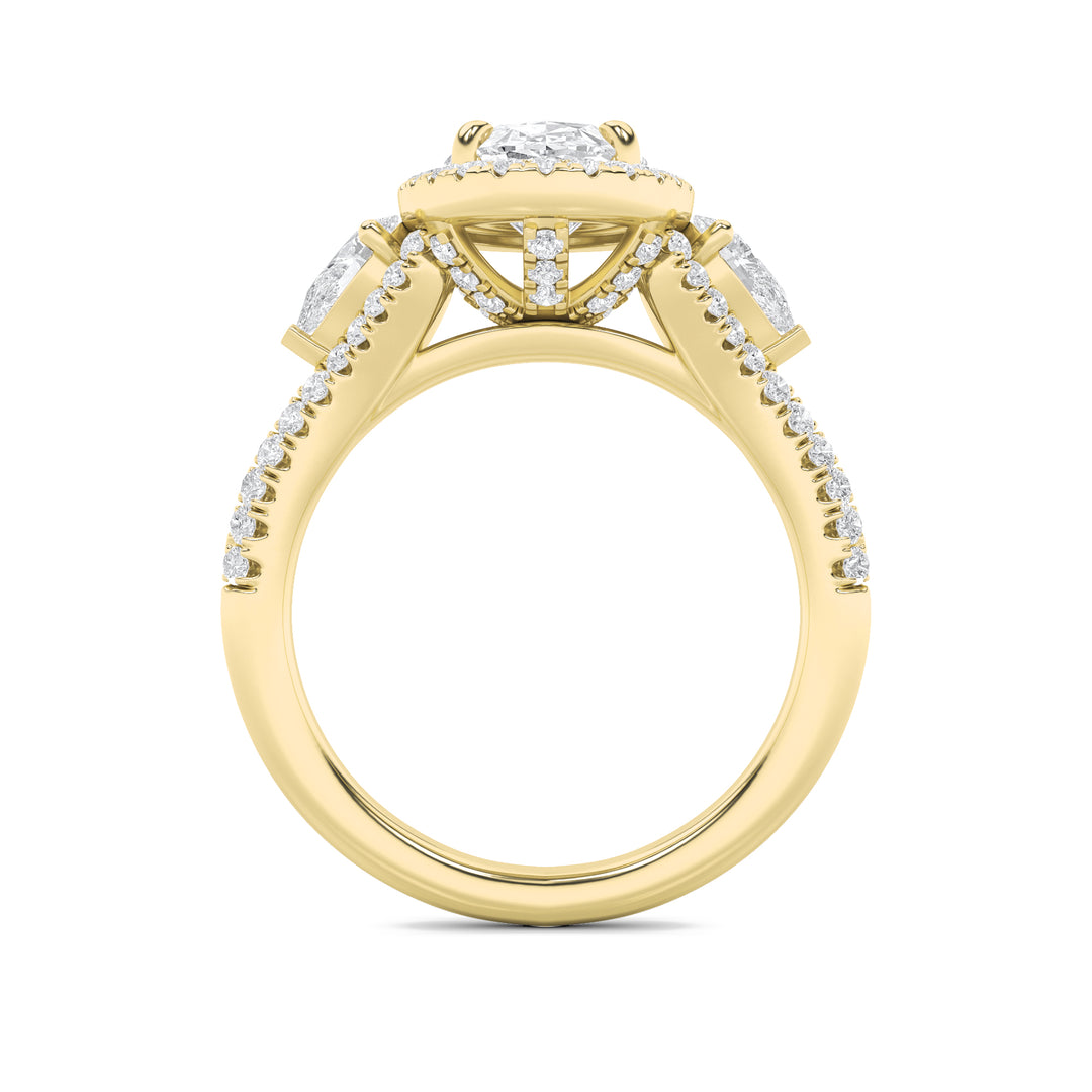 3Cttw Oval Shaped Lab Grown Diamond (F/VS) Three Stone Bold Accented Engagement Ring in 14K Gold