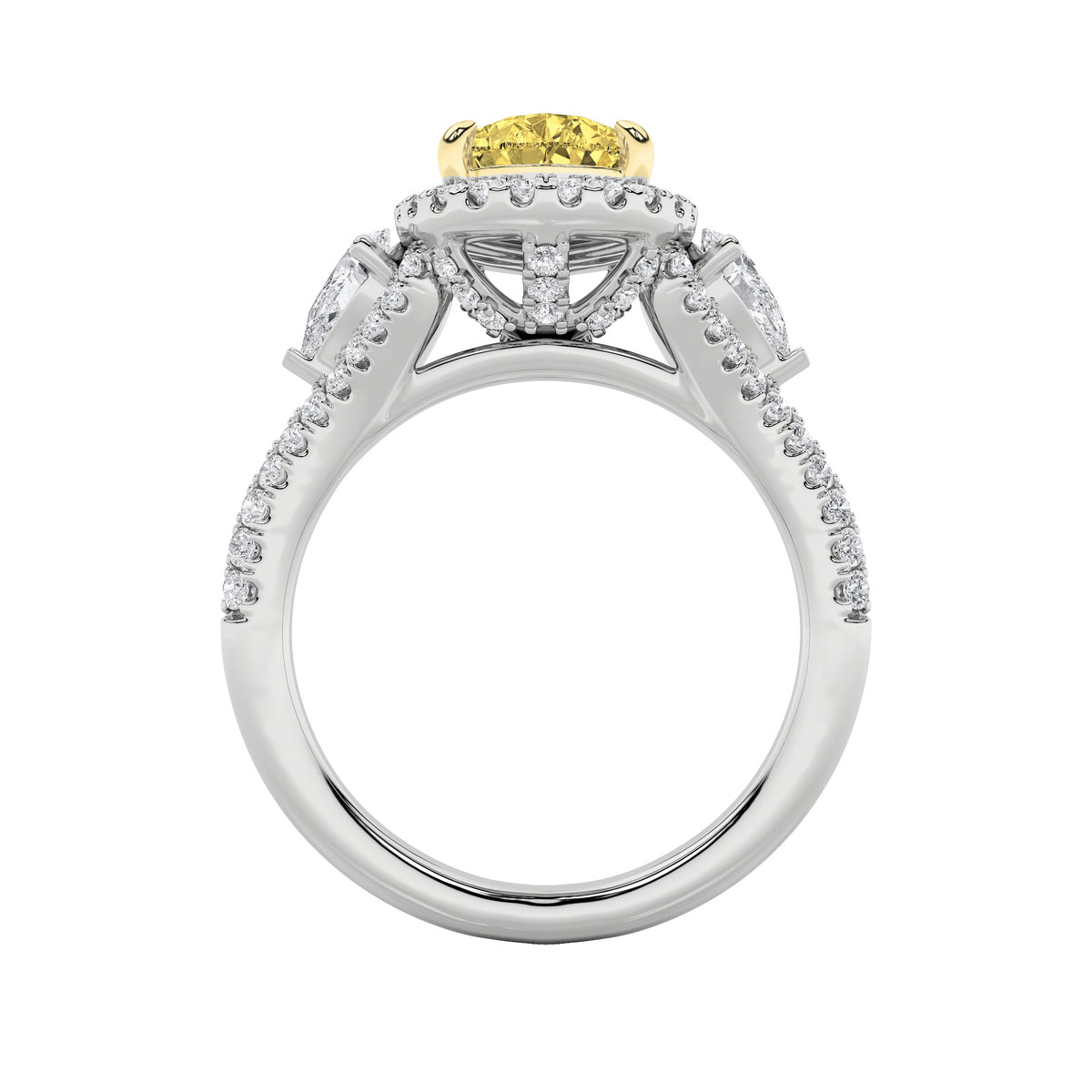 3Cttw Pear Shaped Lab Grown Diamond (F/VS) Three Stone Bold Accented Engagement Ring in 14K Gold