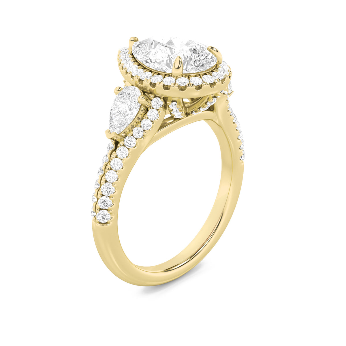 3Cttw Pear Shaped Lab Grown Diamond (F/VS) Three Stone Bold Accented Engagement Ring in 14K Gold