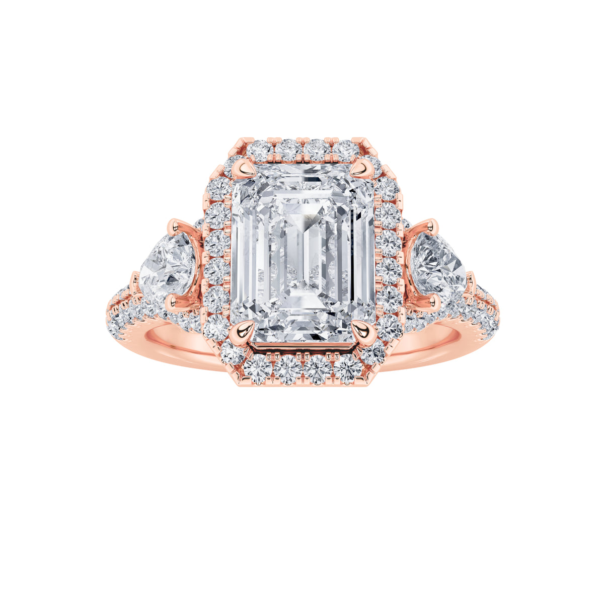 3Cttw Radiant Shaped Lab Grown Diamond (F/VS) Accented Three Stone Ring in 14K Gold
