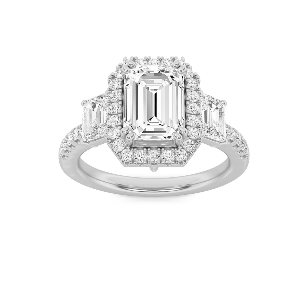 3Cttw Emerald Shaped Lab Grown Diamond (F/VVS) Three Stone Accented Engagement Ring in 14K Gold