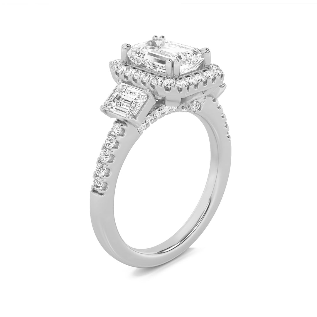 3Cttw Emerald Shaped Lab Grown Diamond (F/VVS) Three Stone Accented Engagement Ring in 14K Gold