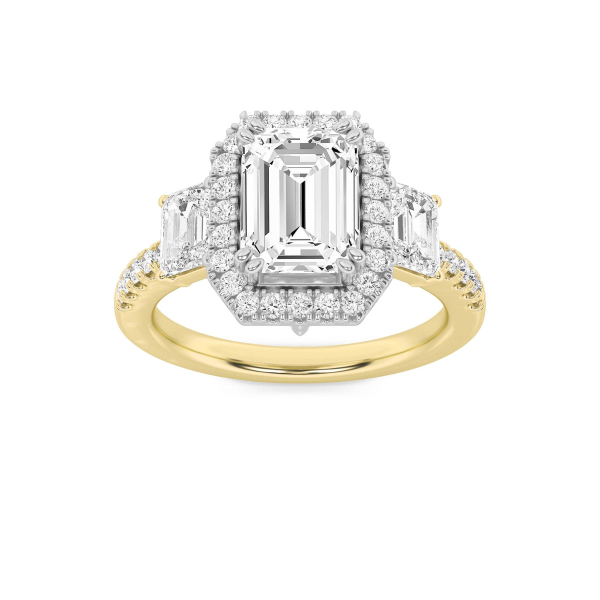 3Cttw Emerald Shaped Lab Grown Diamond (G/VS) Three Stone Accented Engagement Ring in 14K Gold