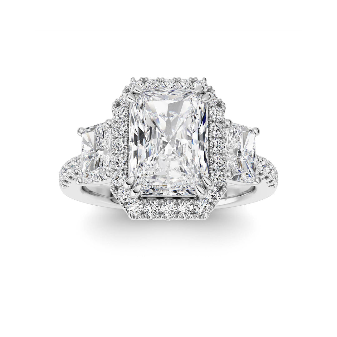 3Cttw Radiant Shaped Lab Grown Diamond (F/VS) Accented Three Stone Ring in 14K Gold