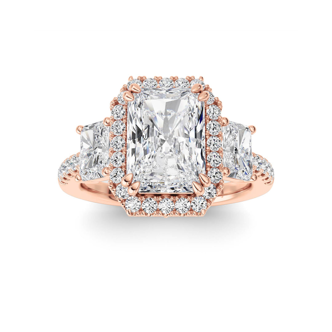 3Cttw Radiant Shaped Lab Grown Diamond (F/VS) Accented Three Stone Ring in 14K Gold