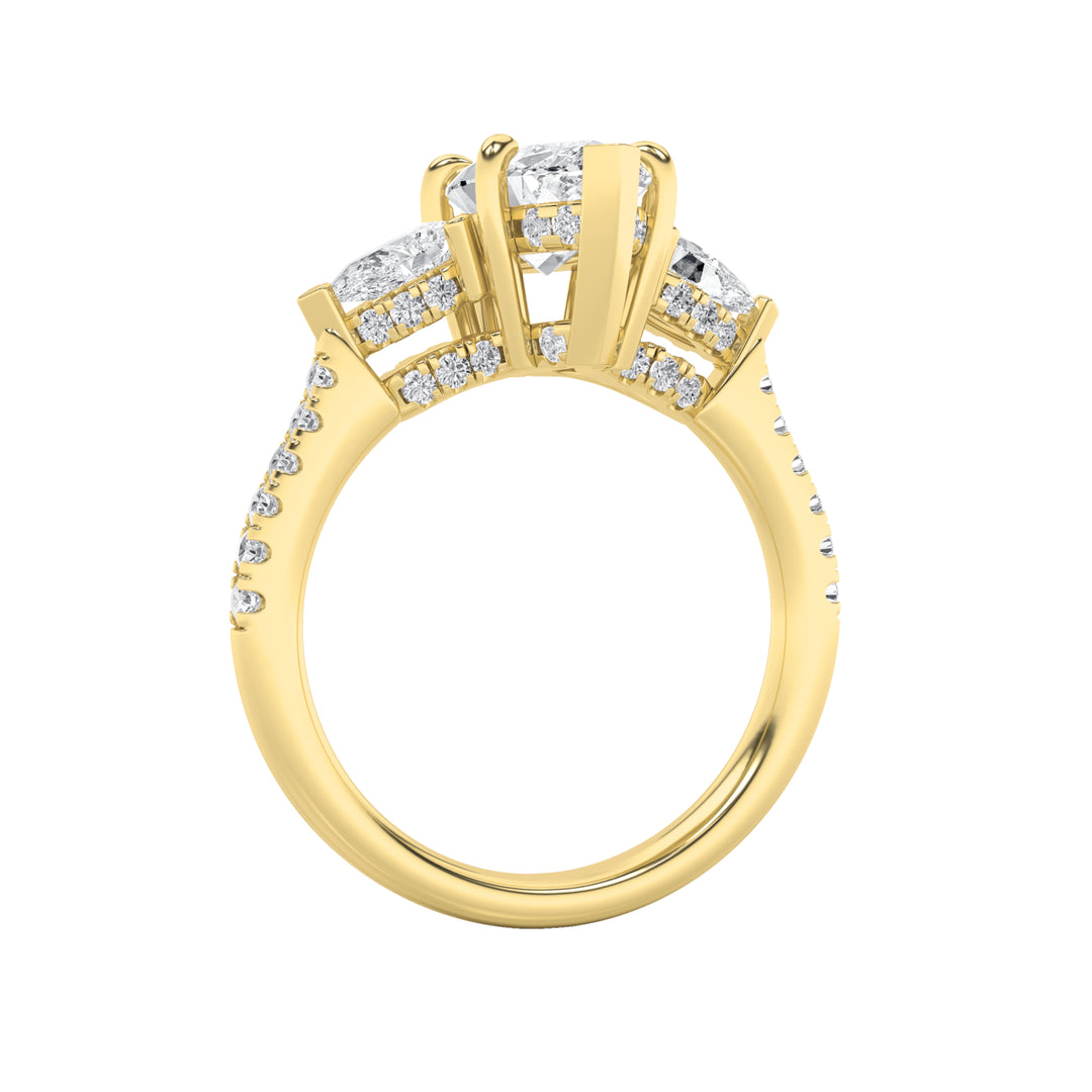 3Cttw Marquise Shaped Lab Grown Diamond (F/VS) Three Stone Accented Engagement Ring in 14K Gold