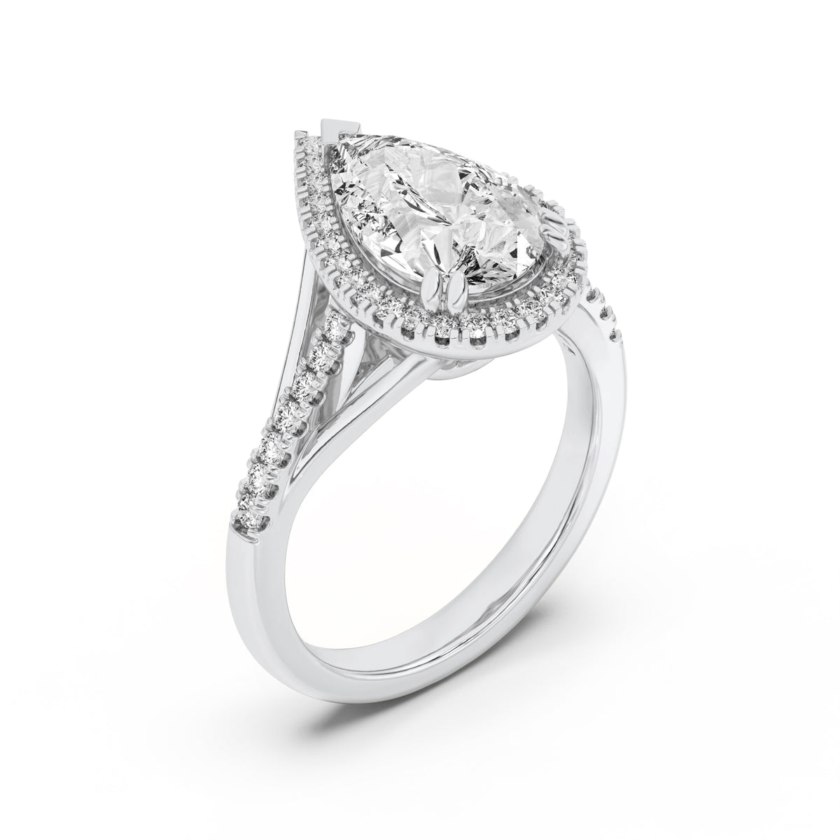 3Cttw Pear Shaped Lab Grown Diamond (F/VS) Halo Accented Engagement Ring in 14K Gold