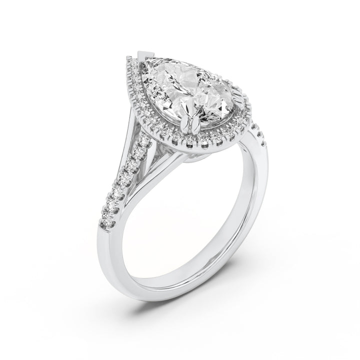 3Cttw Pear Shaped Lab Grown Diamond (F/VVS) Halo Accented Engagement Ring in 14K Gold