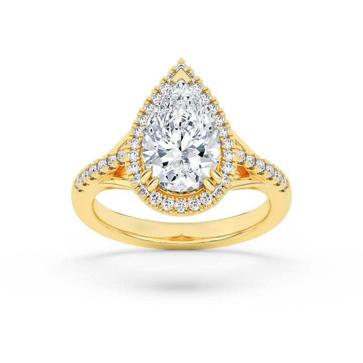 3Cttw Pear Shaped Lab Grown Diamond (F/VS) Halo Accented Engagement Ring in 14K Gold