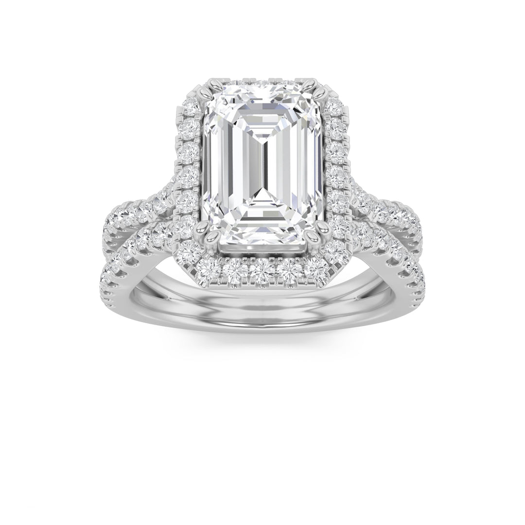 4Cttw Emerald Shaped Lab Grown Diamond (F/VS) Split Shank Halo Engagement Ring in 14K Gold
