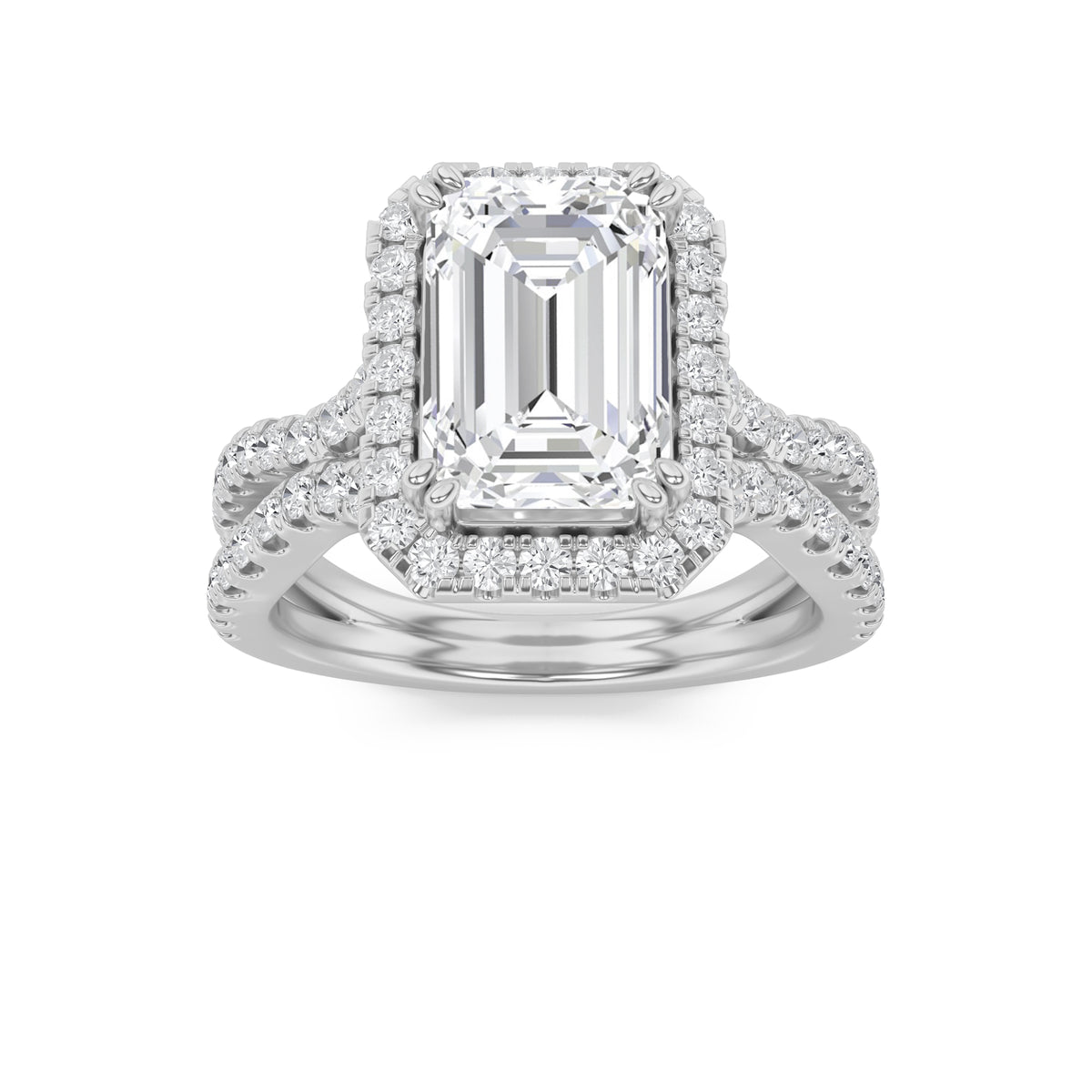 4Cttw Emerald Shaped Lab Grown Diamond (F/VS) Split Shank Halo Engagement Ring in 14K Gold