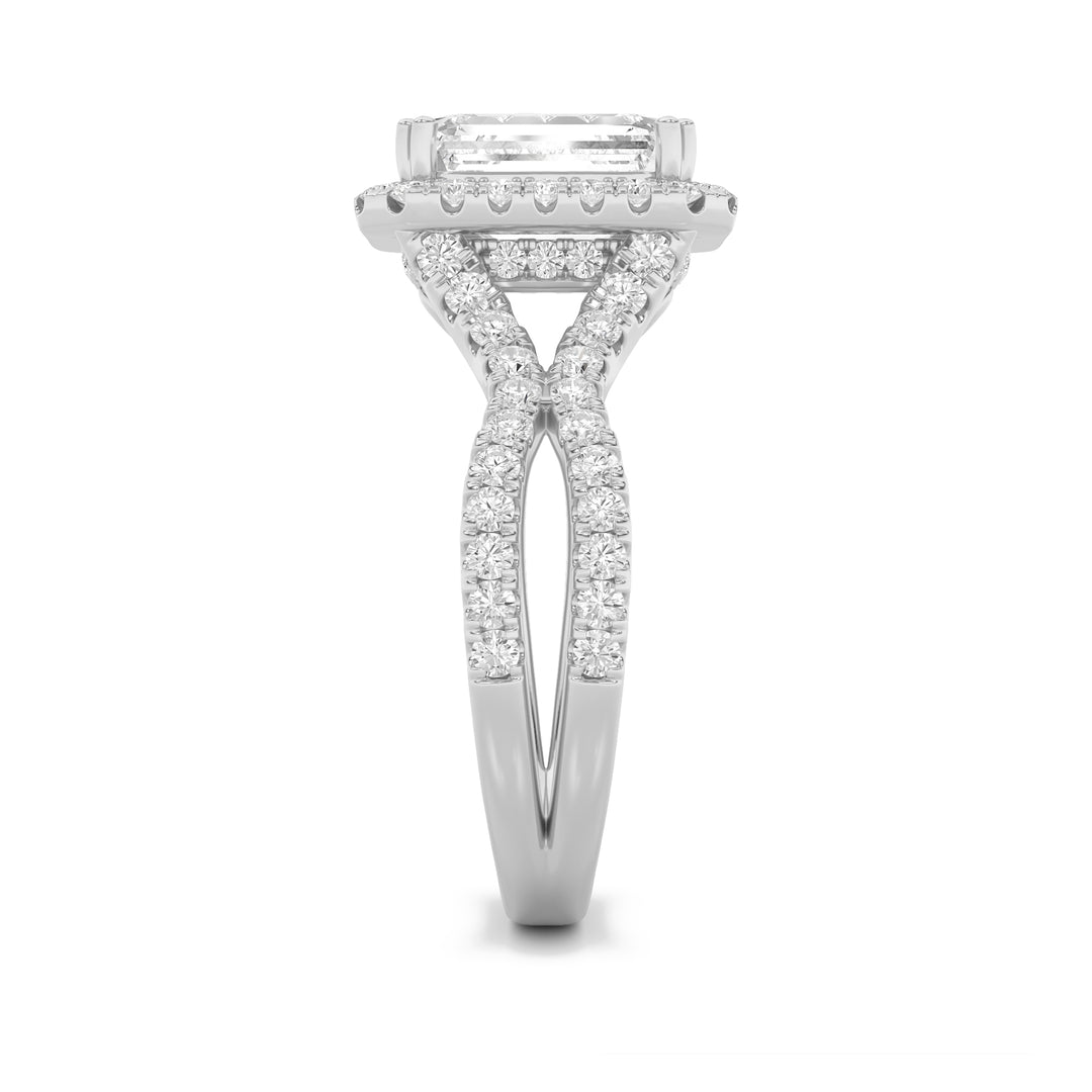 4Cttw Emerald Shaped Lab Grown Diamond (F/VS) Split Shank Halo Engagement Ring in 14K Gold