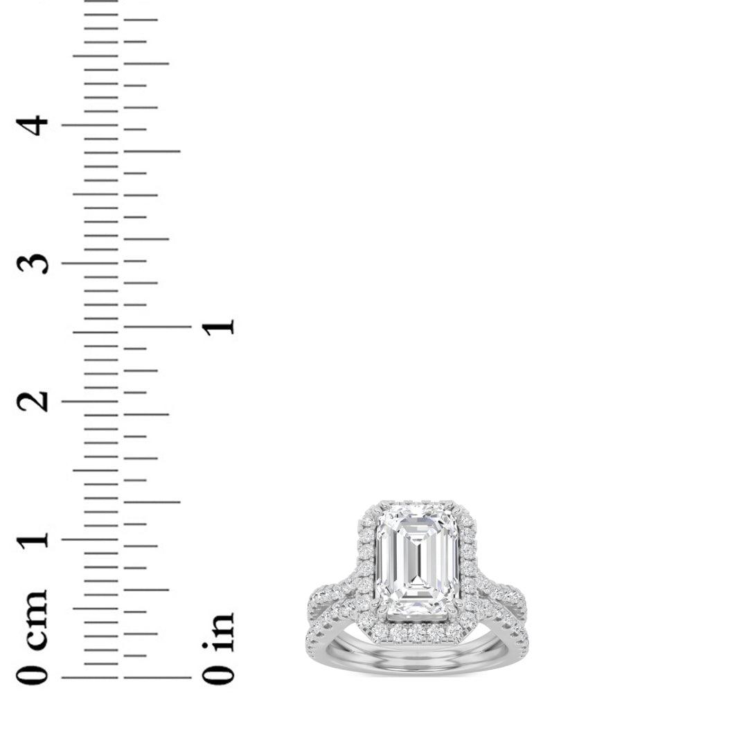 4Cttw Emerald Shaped Lab Grown Diamond (F/VS) Split Shank Halo Engagement Ring in 14K Gold