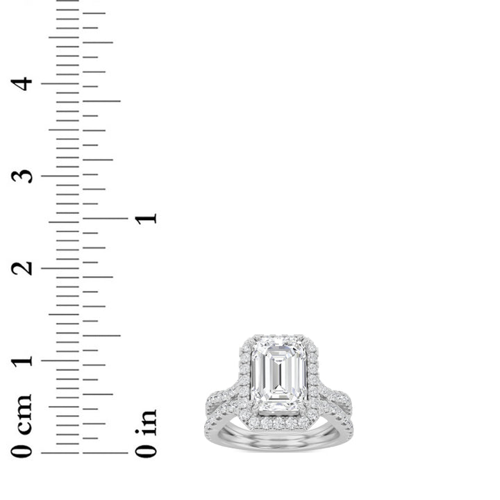4Cttw Emerald Shaped Lab Grown Diamond (F/VS) Split Shank Halo Engagement Ring in 14K Gold