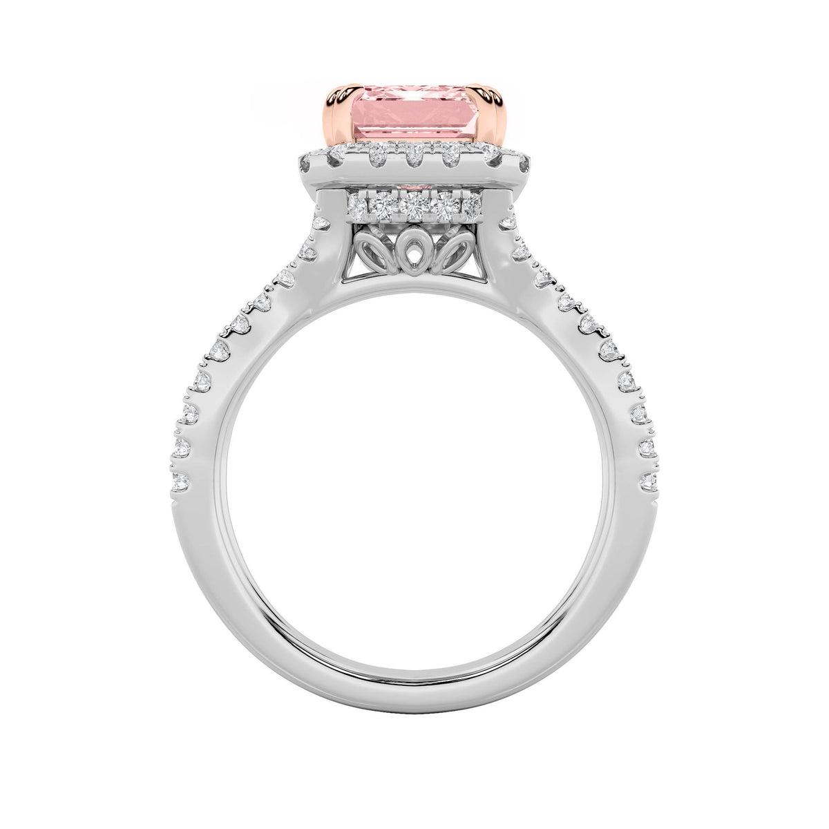 4Cttw Emerald Shaped Lab Grown Diamond (F/VS) Split Shank Halo Engagement Ring in 14K Gold