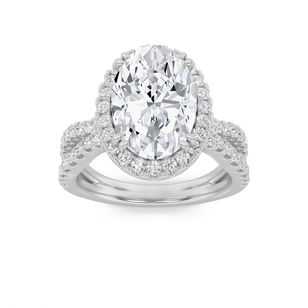 4Cttw Oval Shaped Lab Grown Diamond (F/VS) Split Shank Halo Engagement Ring in 14K Gold