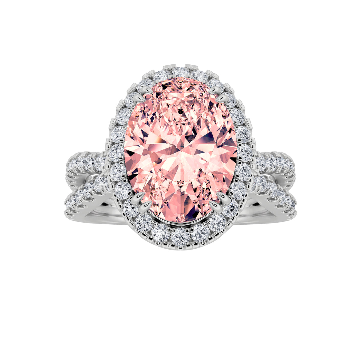 4Cttw Oval Shaped Lab Grown Diamond (F/VS) Split Shank Halo Engagement Ring in 14K Gold