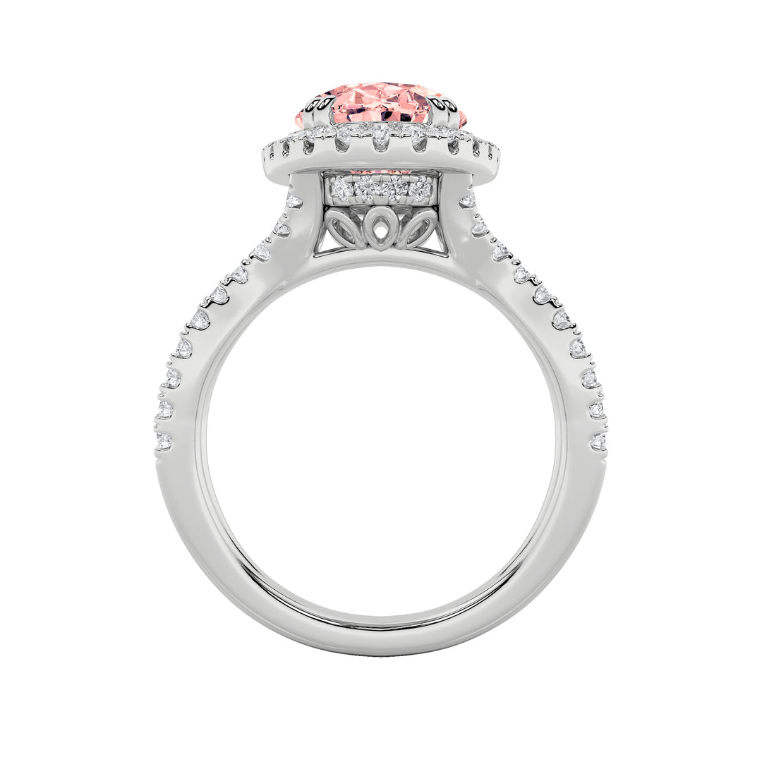 4Cttw Oval Shaped Lab Grown Diamond (F/VS) Split Shank Halo Engagement Ring in 14K Gold