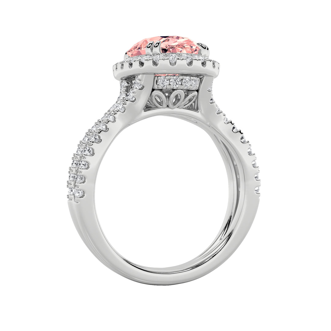 4Cttw Oval Shaped Lab Grown Diamond (F/VS) Split Shank Halo Engagement Ring in 14K Gold