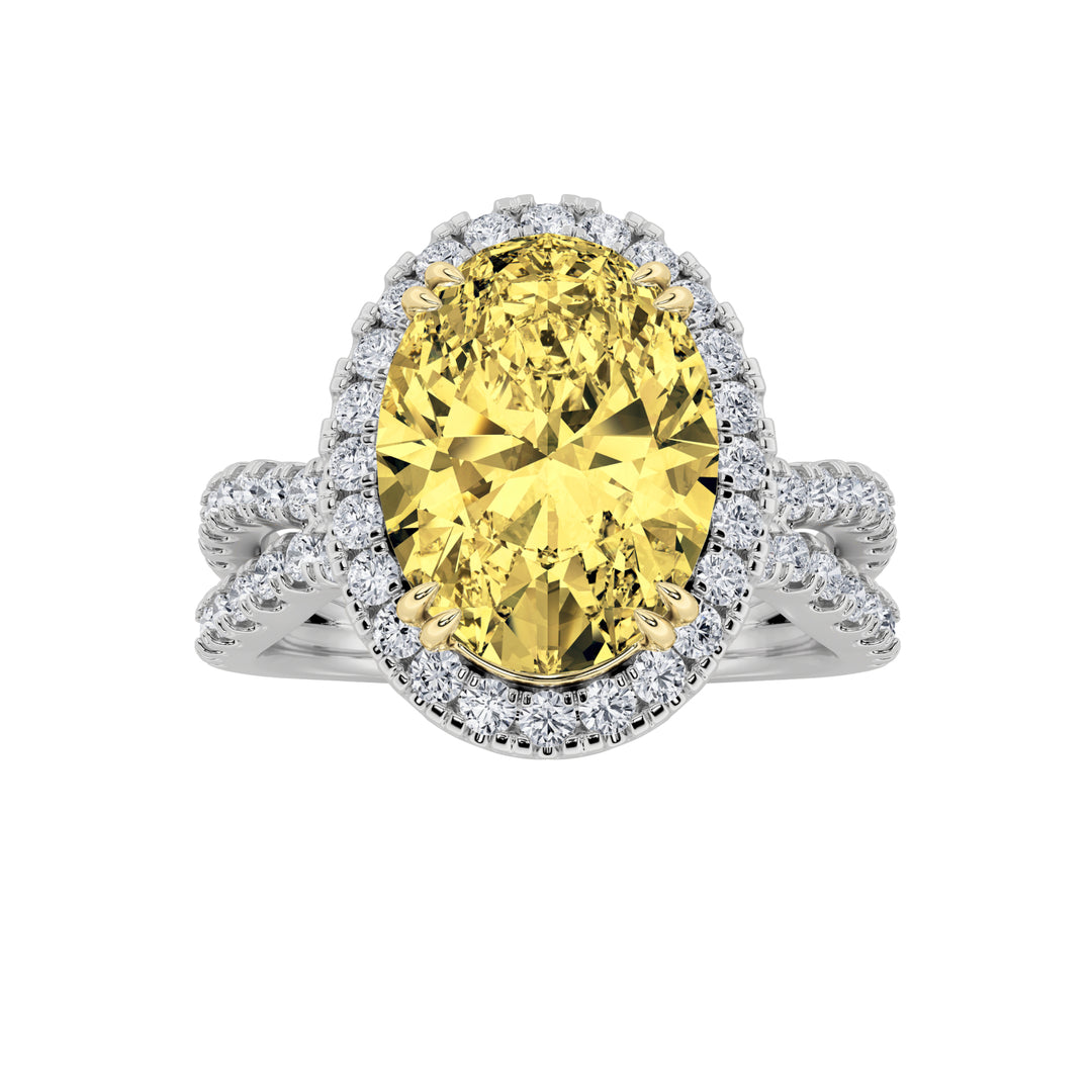 4Cttw Oval Shaped Lab Grown Diamond (F/VS) Split Shank Halo Engagement Ring in 14K Gold