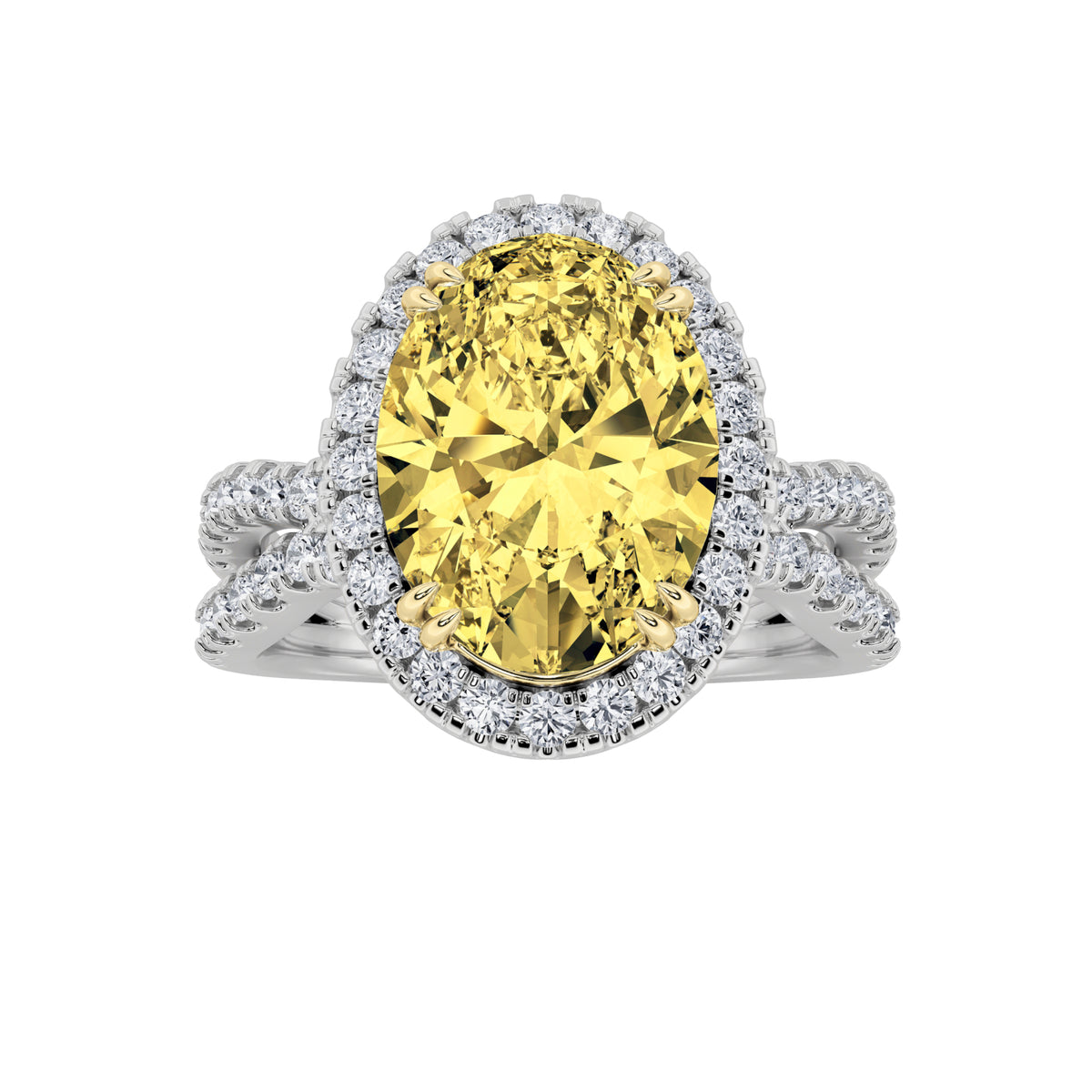 4Cttw Oval Shaped Lab Grown Diamond (F/VS) Split Shank Halo Engagement Ring in 14K Gold