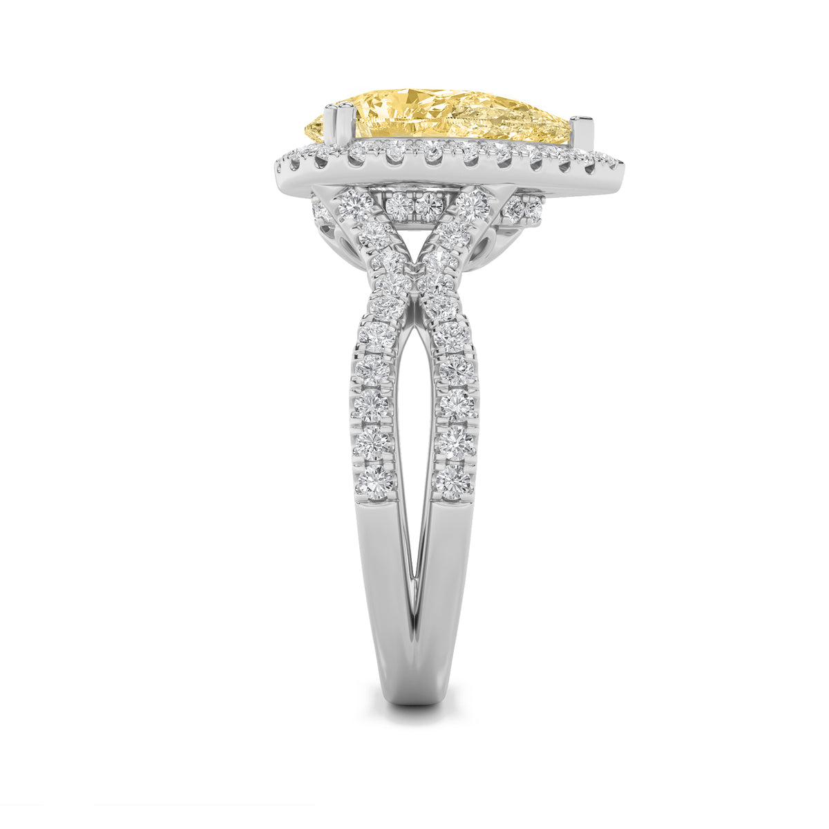 4Cttw Pear Shaped Lab Grown Diamond (F/VS) Split Shank Halo Engagement Ring in 14K Gold