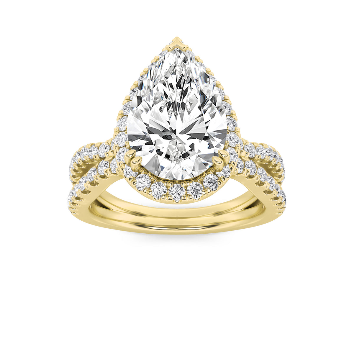 4Cttw Pear Shaped Lab Grown Diamond (G/VS) Split Shank Halo Engagement Ring in 14K Gold