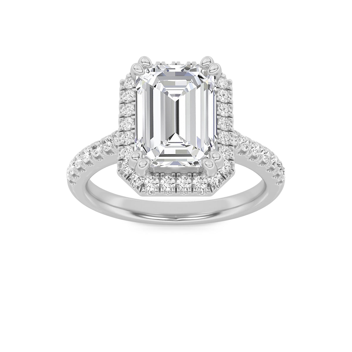 3Cttw Emerald Shaped Lab Grown Diamond (G/VS) Classic Halo Accented Engagement Ring in 14K Gold