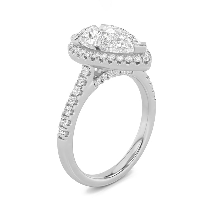 3Cttw Pear Shaped Lab Grown Diamond (F/VS) Classic Halo Accented Engagement Ring in 14K Gold