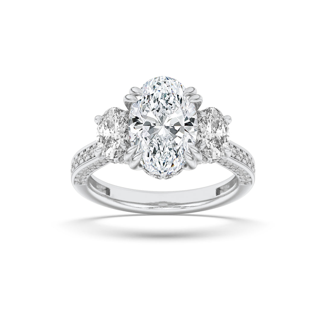 5Cttw Oval Shaped Lab Grown Diamond (G/VS) Three Stone Accented Engagement Ring in 14K Gold