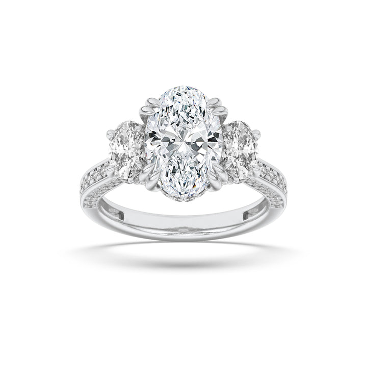 5Cttw Oval Shaped Lab Grown Diamond (G/VS) Three Stone Accented Engagement Ring in 14K Gold