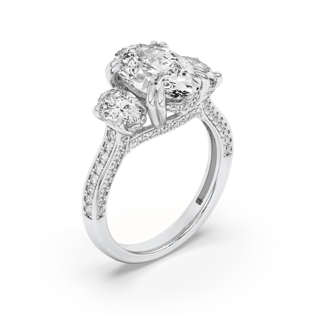 5Cttw Oval Shaped Lab Grown Diamond (G/VS) Three Stone Accented Engagement Ring in 14K Gold
