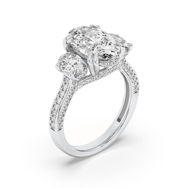 5Cttw Oval Shaped Lab Grown Diamond (G/VS) Three Stone Accented Engagement Ring in 14K Gold