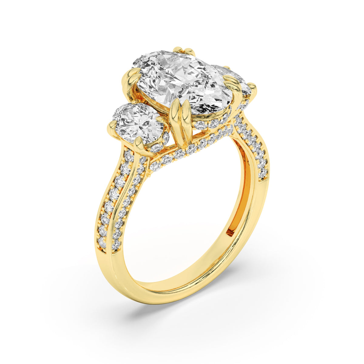 5Cttw Oval Shaped Lab Grown Diamond (F/VS) Three Stone Accented Engagement Ring in 14K Gold
