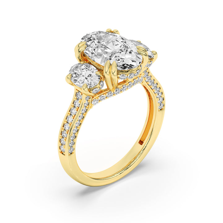 5Cttw Oval Shaped Lab Grown Diamond (F/VS) Three Stone Accented Engagement Ring in 14K Gold