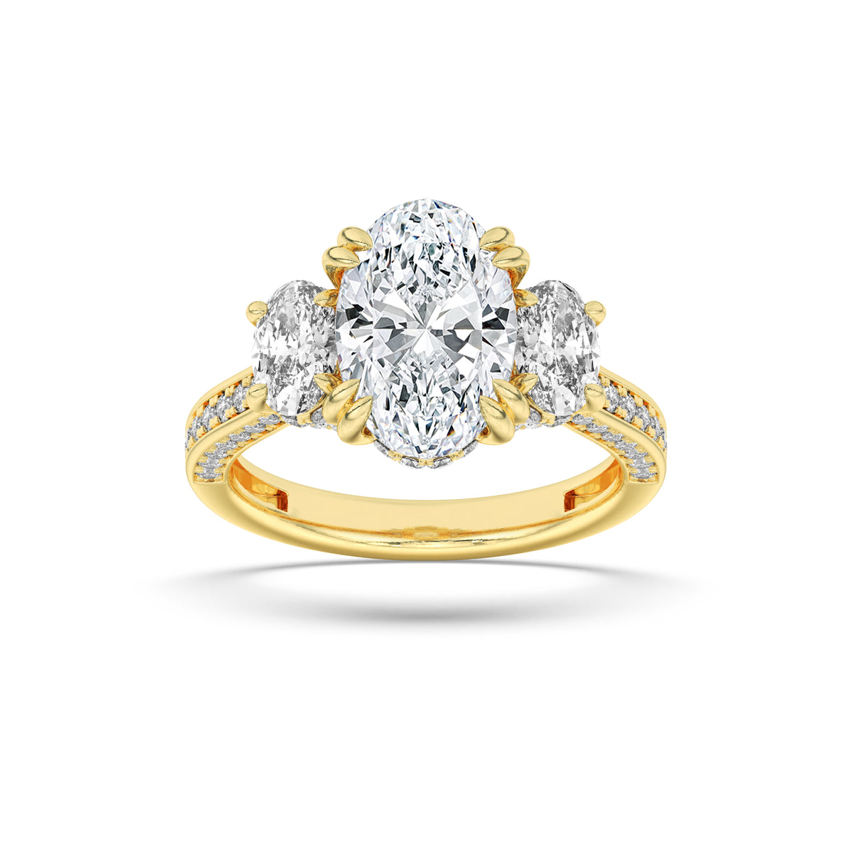 5Cttw Oval Shaped Lab Grown Diamond (G/VS) Three Stone Accented Engagement Ring in 14K Gold