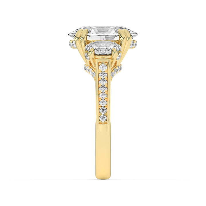 5Cttw Oval Shaped Lab Grown Diamond (G/VS) Three Stone Accented Engagement Ring in 14K Gold