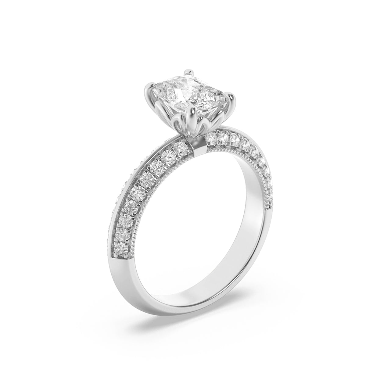 1.75Cttw Elongated Cushion Shaped Lab Grown Diamond (F/VS) Three Row Micro Pave Engagement Ring in 14K Gold