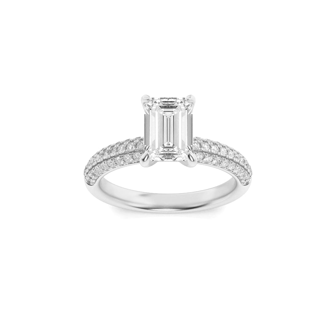 1.5Cttw Emerald Shaped Lab Grown Diamond (G/VS) Three Row Micro Pave Engagement Ring in 14K Gold