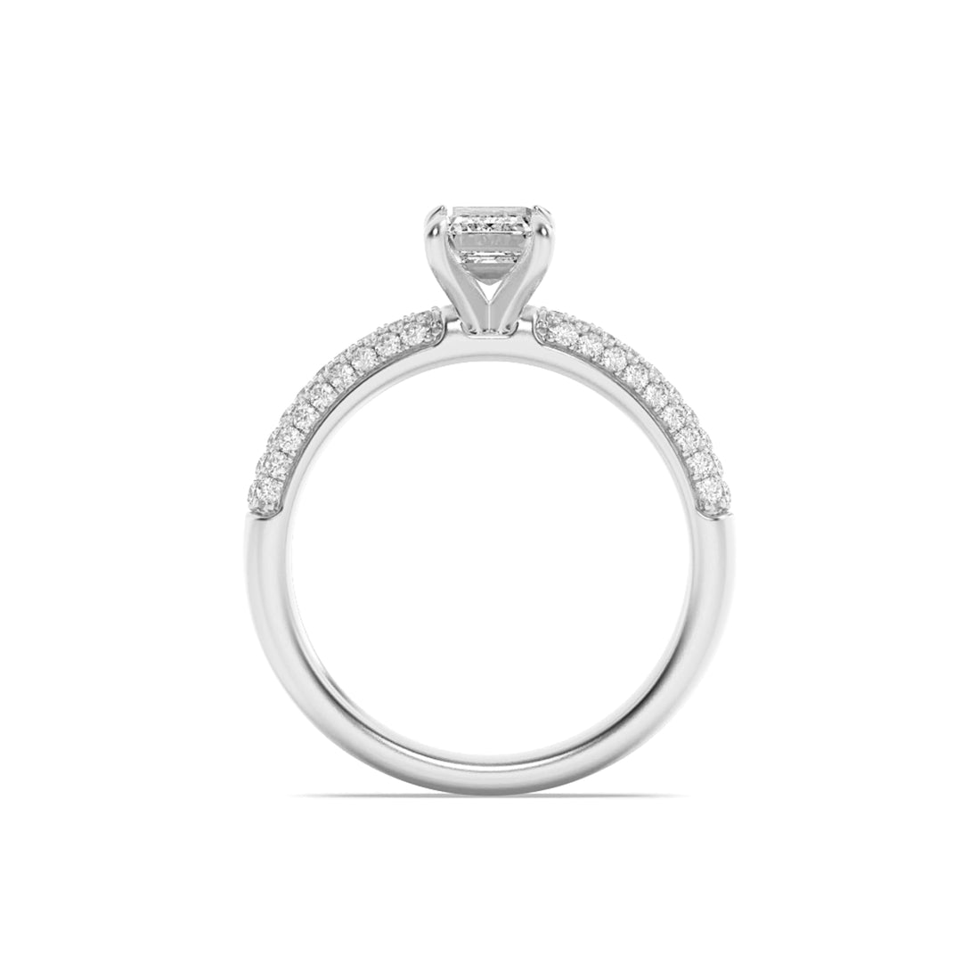 1.5Cttw Emerald Shaped Lab Grown Diamond (G/VS) Three Row Micro Pave Engagement Ring in 14K Gold