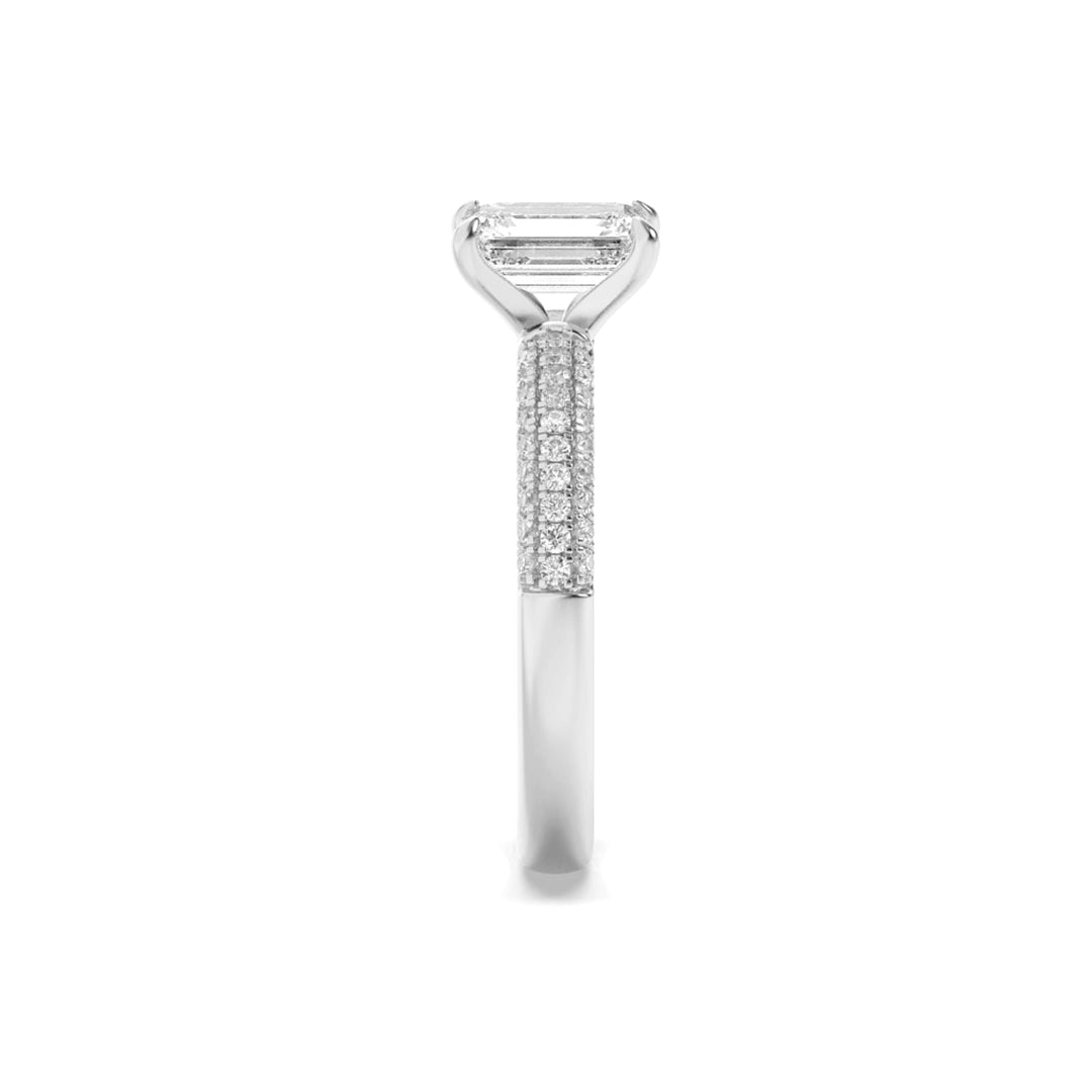 1.5Cttw Emerald Shaped Lab Grown Diamond (G/VS) Three Row Micro Pave Engagement Ring in 14K Gold