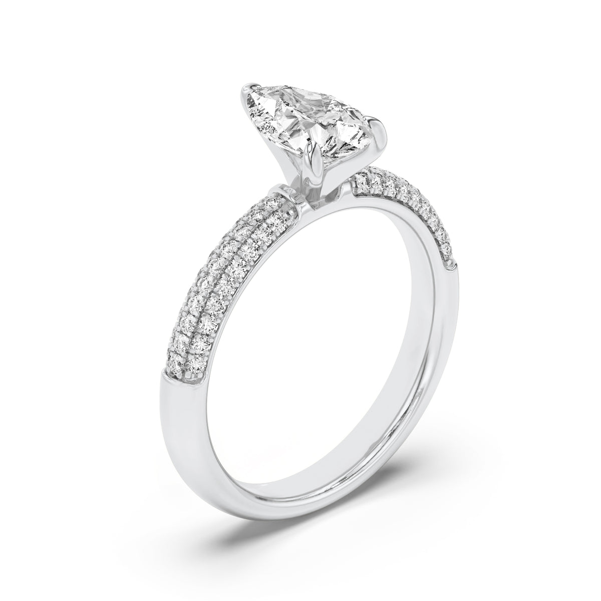 1.5Cttw Pear Shaped Lab Grown Diamond (F/VVS) Three Row Micro Pave Engagement Ring in 14K Gold