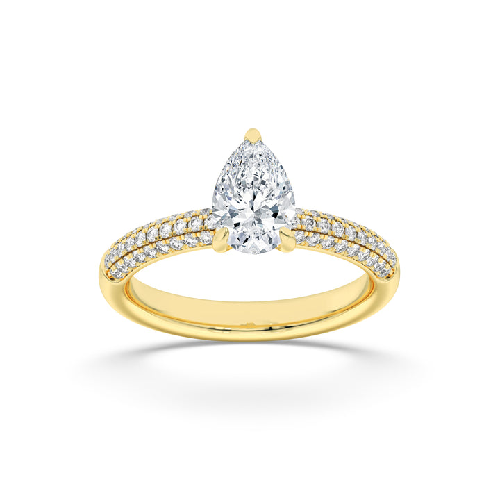 1.5Cttw Pear Shaped Lab Grown Diamond (F/VS) Three Row Micro Pave Engagement Ring in 14K Gold